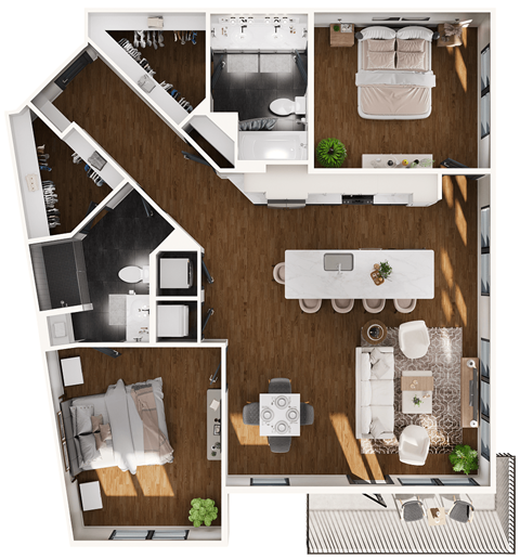 Floor plan for 2 beds, 2 baths, 1274 sqft